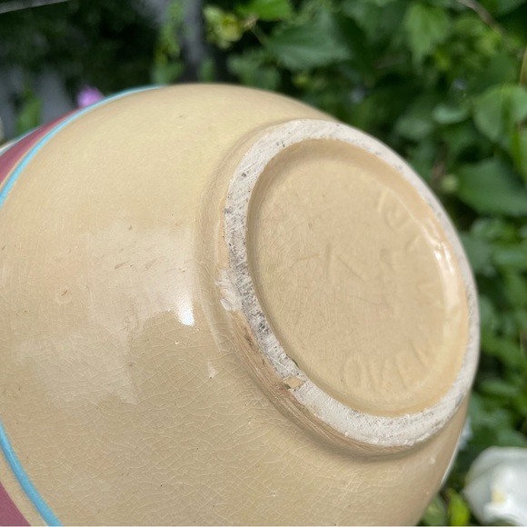 SOLD Watt Pottery Yellow Ware Pink & Blue Band #7 Mixing Bowl Hairline Cracks - Picture 10 of 13